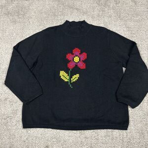 Marisa Christina Sweater Womens XL Black Flower Cotton Mock Neck